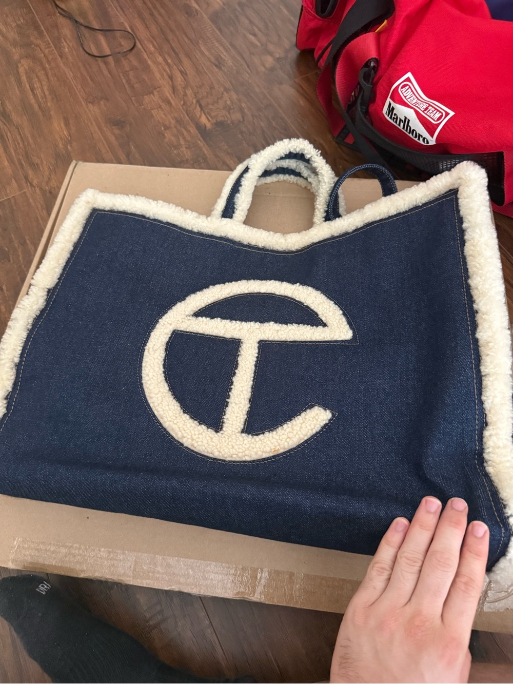 Telfar x UGG Large Shopper Navy Shearling-Trim Tote Bag - Picture 2 of 7